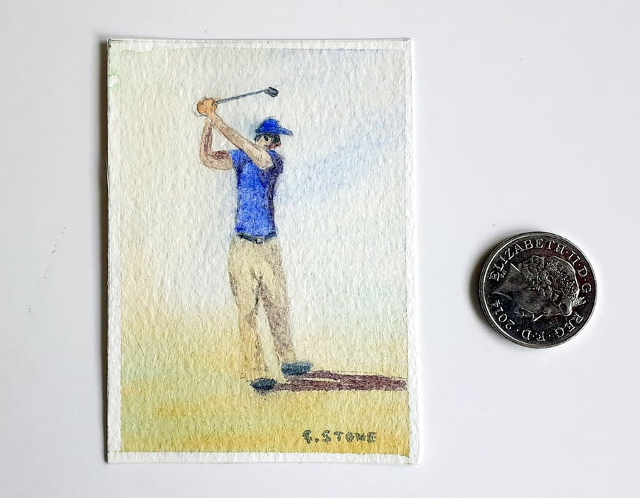 Original ACEO miniature watercolour Golfer taking a golf swing 64 mm x 89 mm