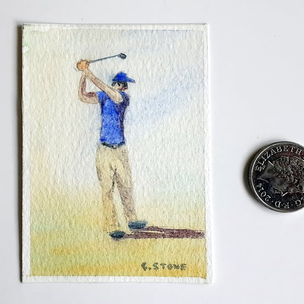 Original ACEO miniature watercolour Golfer taking a golf swing 64 mm x 89 mm