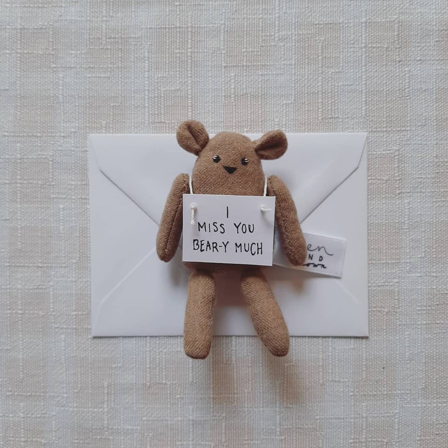 Small Pocket Bear holding note, I Miss You, Gift