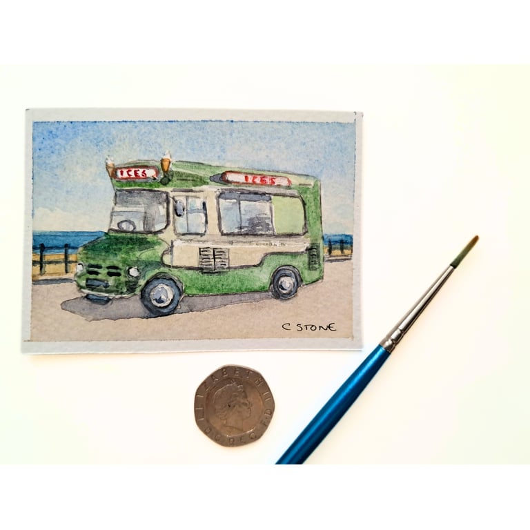 Original ACEO Miniature Watercolour Painting Classic Ice Cream Van 1970's
