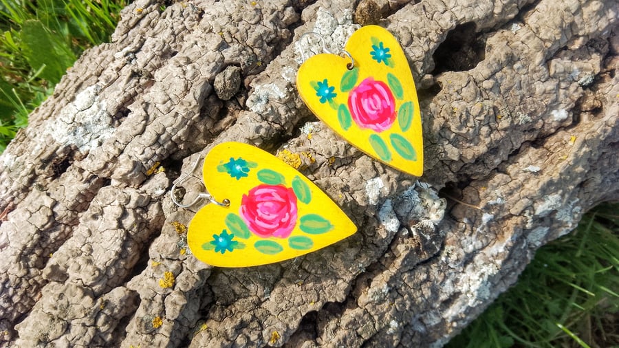Wooden Hand Painted Folk Art Heart and Rose earrings