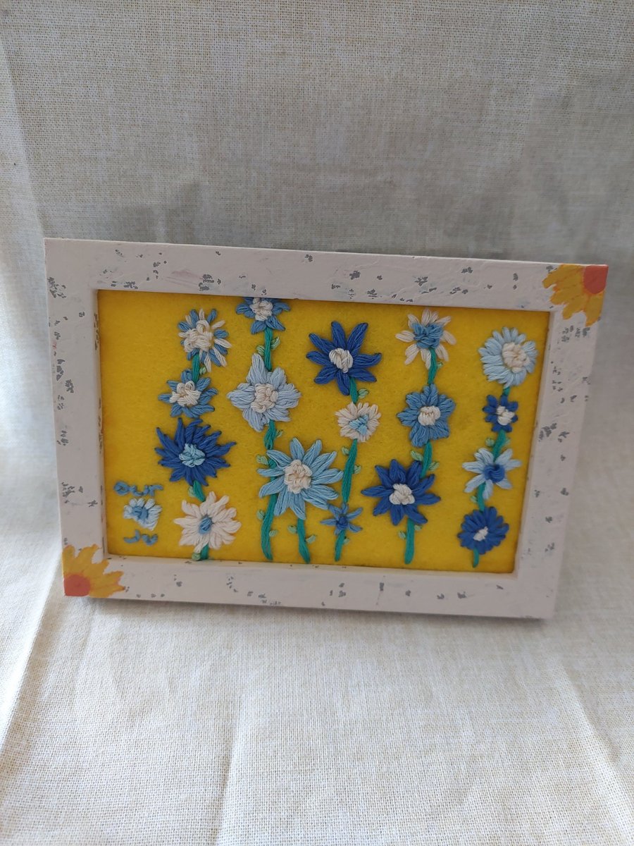 Hand embroidered flowers small picture upcycled painted frame 