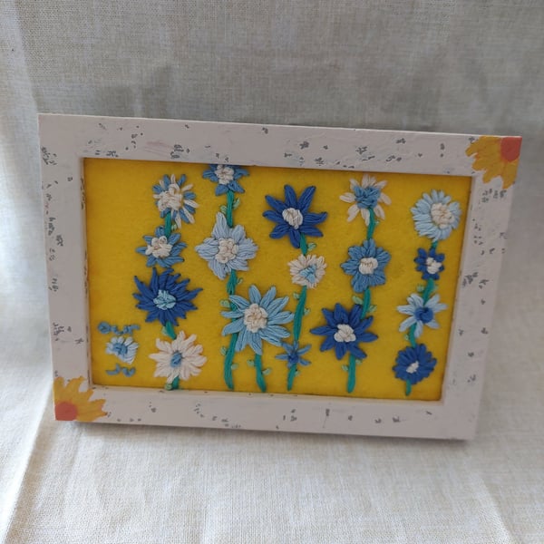 Hand embroidered flowers small picture upcycled painted frame 