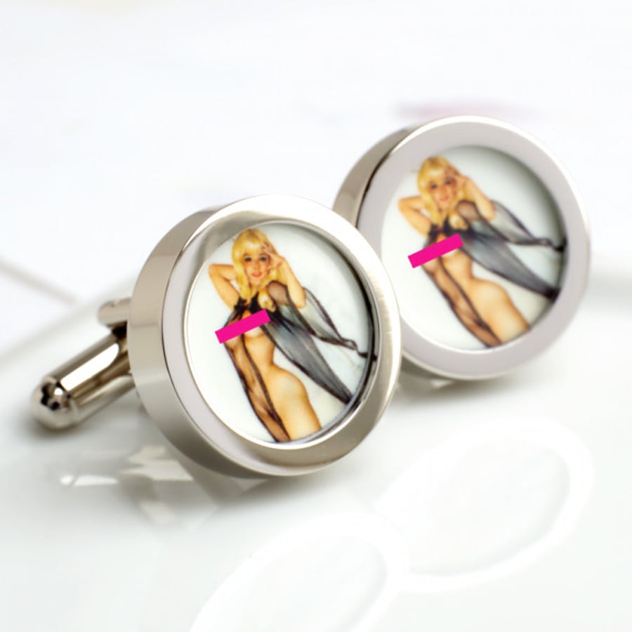 Erotic Vintage Pin Up Cufflinks of Naked Blonde in Black Lingerie