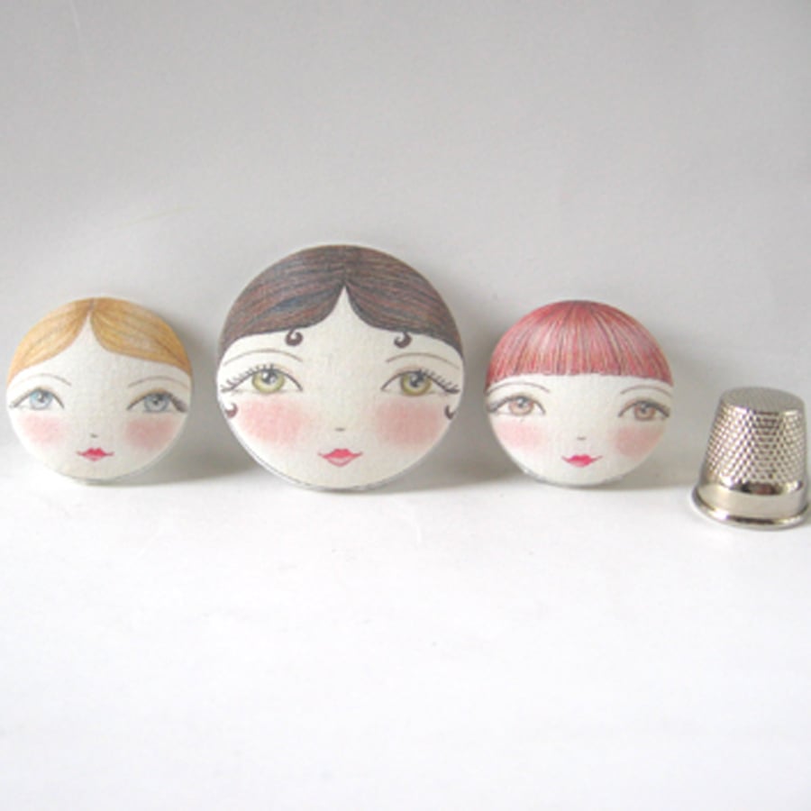 Covered buttons, Original Design Doll Face Covered Buttons (Set of 3) 