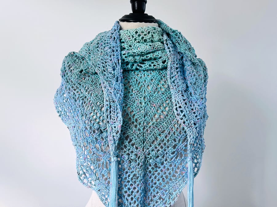 Hand Crocheted Shawl - Pale blue, pale green with gorgeous coloured flecks. 