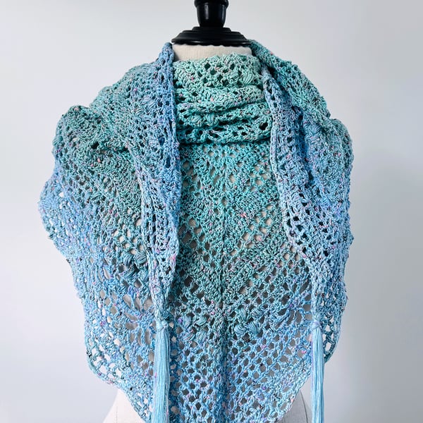 Hand Crocheted Shawl - Pale blue, pale green with gorgeous coloured flecks. 