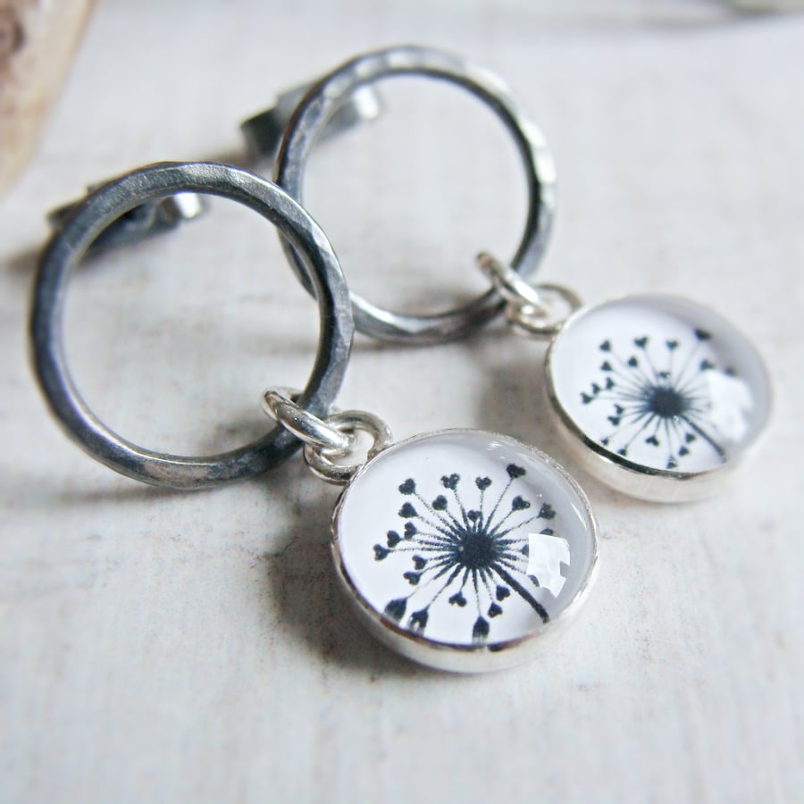 Oxidised Sterling Silver Circle Stud Earrings with Dandelion Illustration Charms