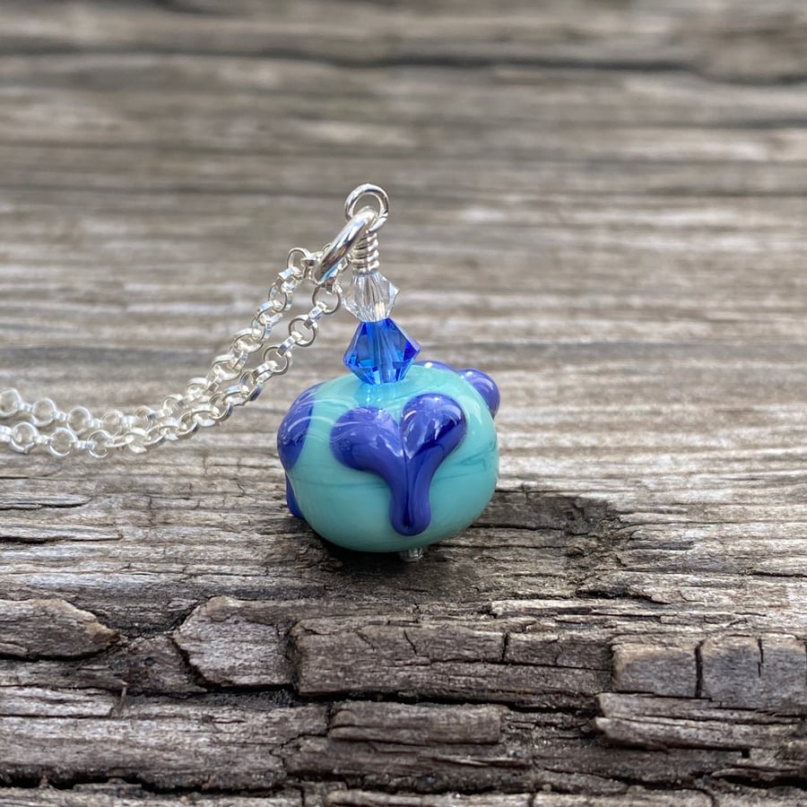 Turquoise & Blue Heart Lampwork Glass Pendant Necklace. Sterling Silver. 