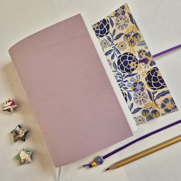 Lilac Leather Journal, Notebook or Sketchbook, with Chrysanthemum, A6
