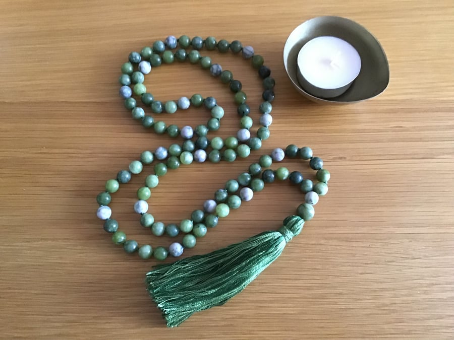 Natural green Jade and Peace Jade long hand knotted necklace (108 beads) 8mm