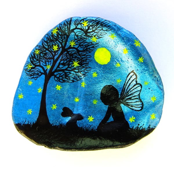 Fairy Painted on Shell, Moon Bunny Rabbit Painting, Daughter Gift, Framed Art