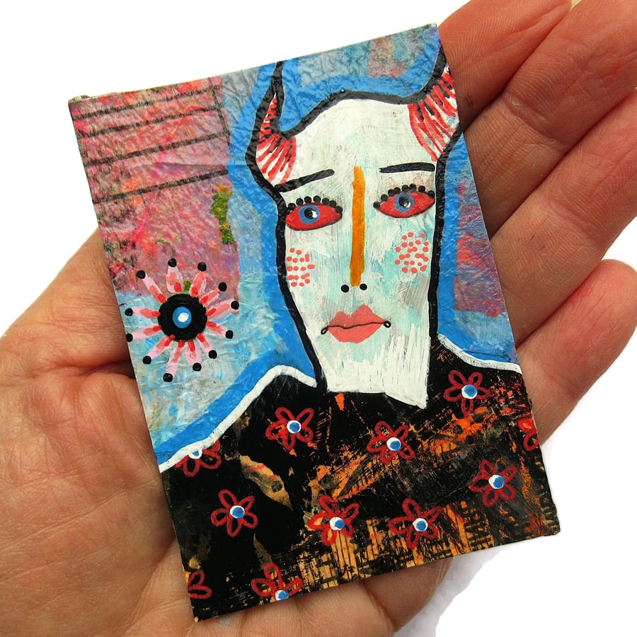 Outsider Art Original ACEO Tiny Painting Mixed Media Creepy Monster Weird Spooky