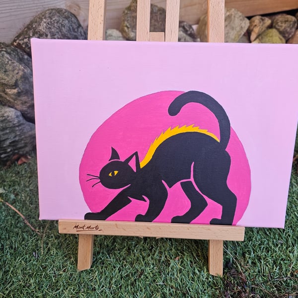 Pink and Black Pop Art, Dopamine, Sixties Style Cat A4 Canvas Painting