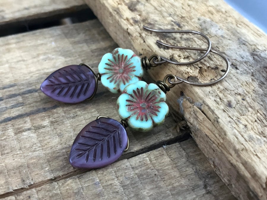 Purple & Mint Green Earrings. Nature Inspired Czech Glass Leaf & Flower Earrings