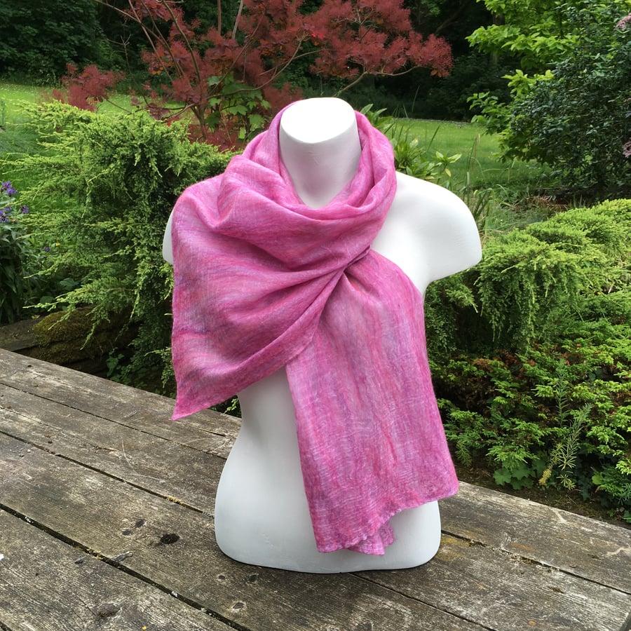 Pink and lilac merino wool scarf nuno felted on silk chiffon