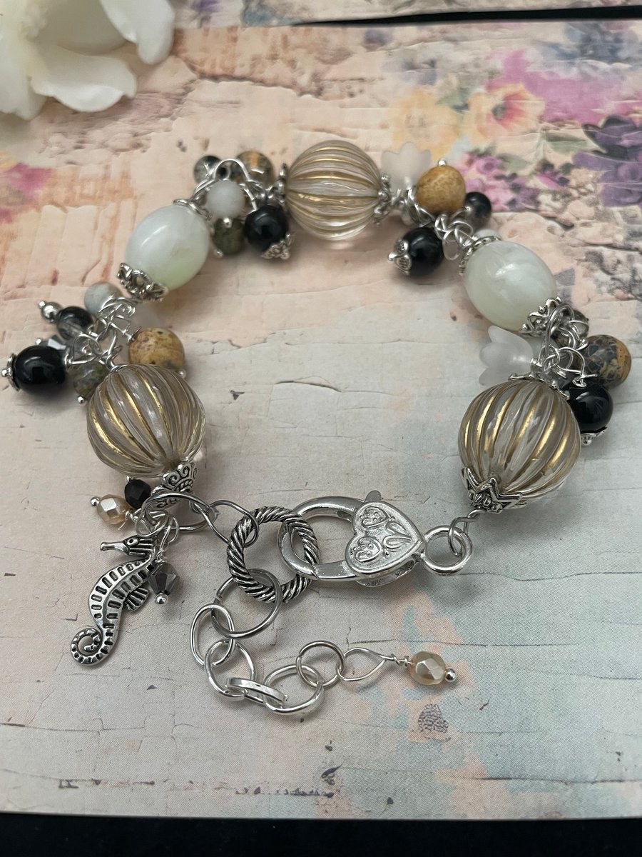 Vintage inspired beaded charm bracelet , boho jewellery, gift for her 