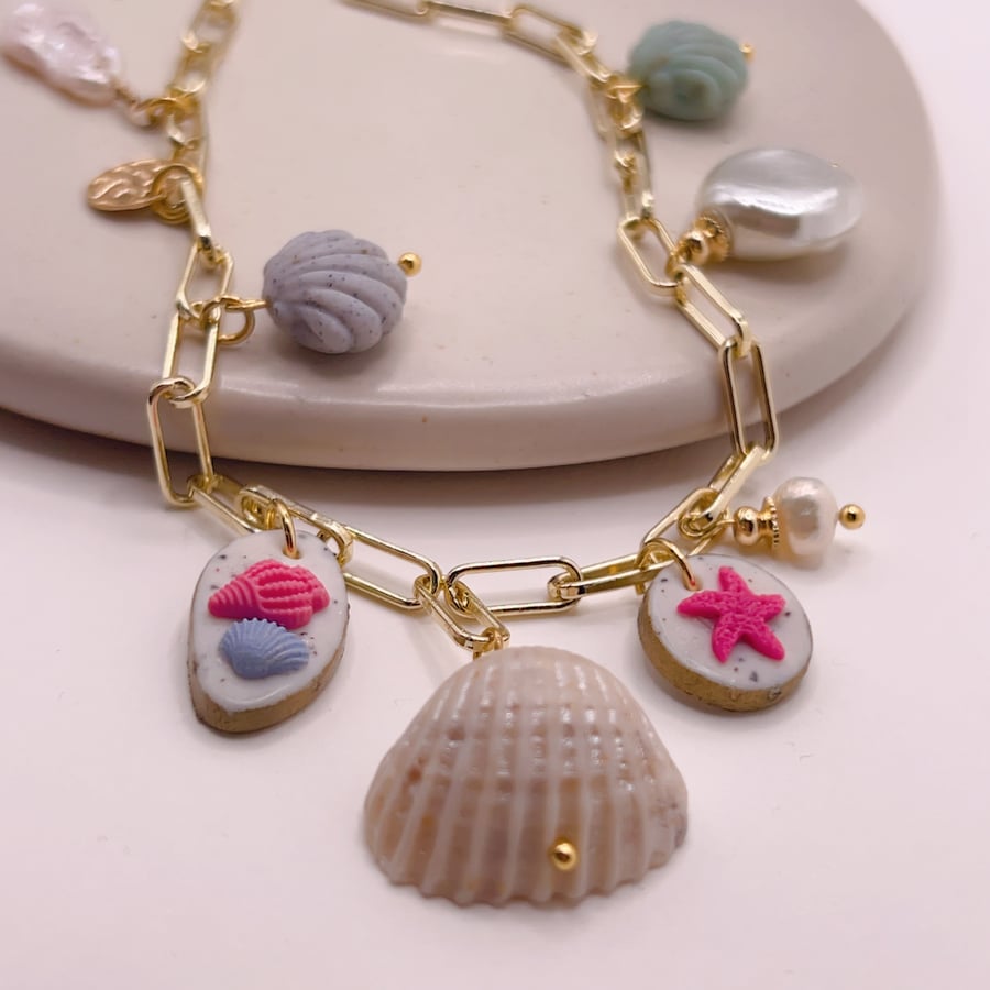 Ocean inspired necklace with seashells and pearls, Handmade beach gift for her