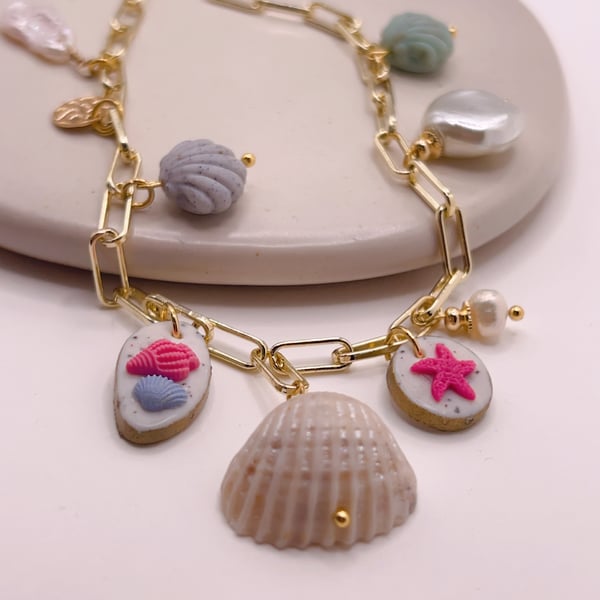 Ocean inspired necklace with seashells and pearls, Handmade beach gift for her