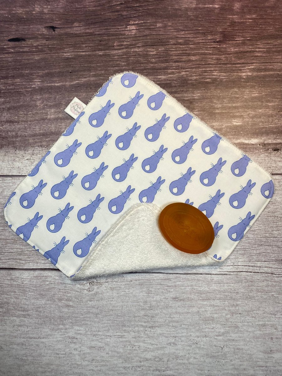 Organic Bamboo Cotton Wash Face Cloth Flannel Bluebell Blue Lilac Bunny Rabbit