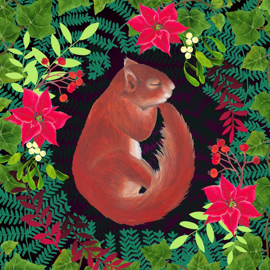 Sleeping Squirrel Handmade Christmas Card