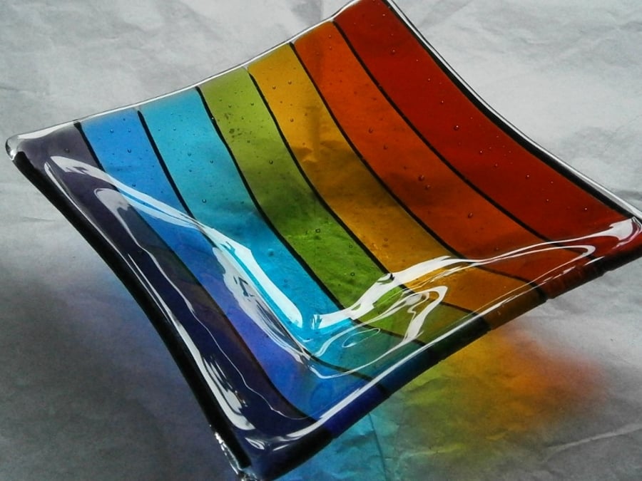 Rainbow coloured square fused glass dish