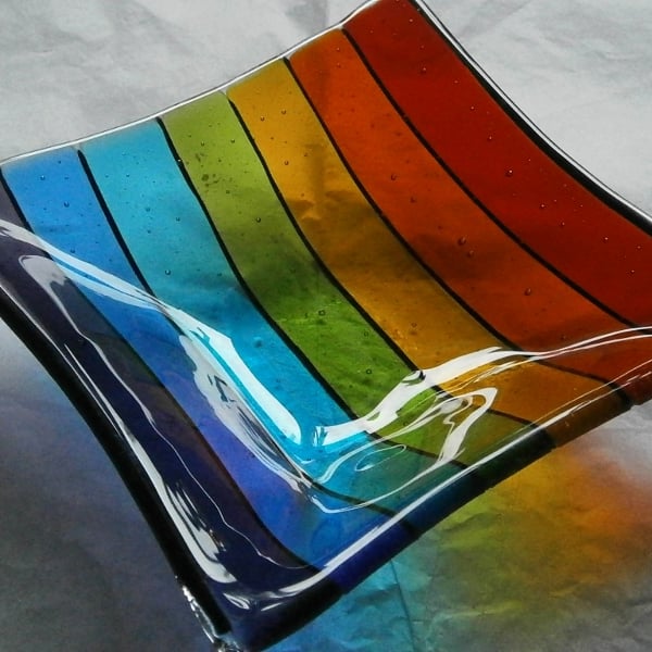 Rainbow coloured square fused glass dish