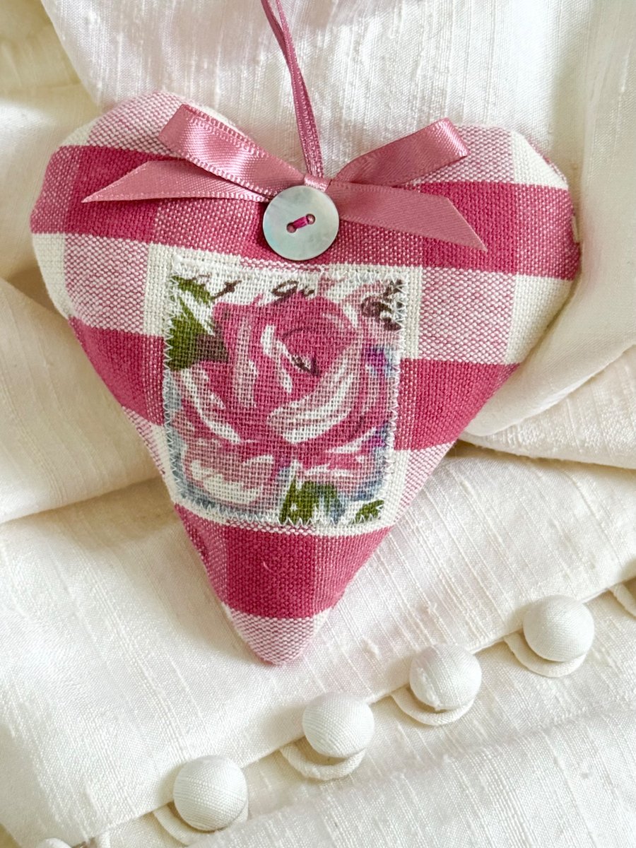 Summer Rose Hanging Heart Decoration - pink checks and gingham
