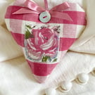Summer Rose Hanging Heart Decoration - pink checks and gingham