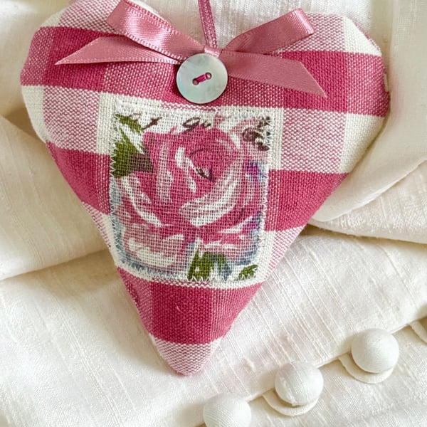 Summer Rose Hanging Heart Decoration - pink checks and gingham