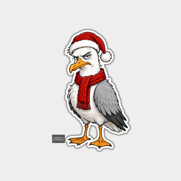 Unique Funny Christmas Sticker Xmas Decal - Grumpy Seagull In Santa Hat