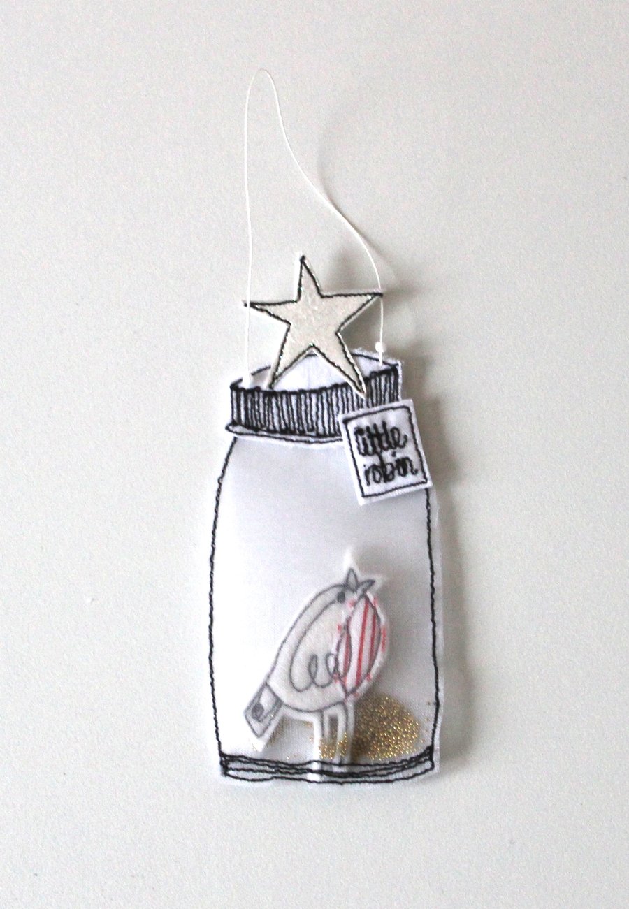 Little Robin in an Organza Fabric Jar - Hanging Decoration