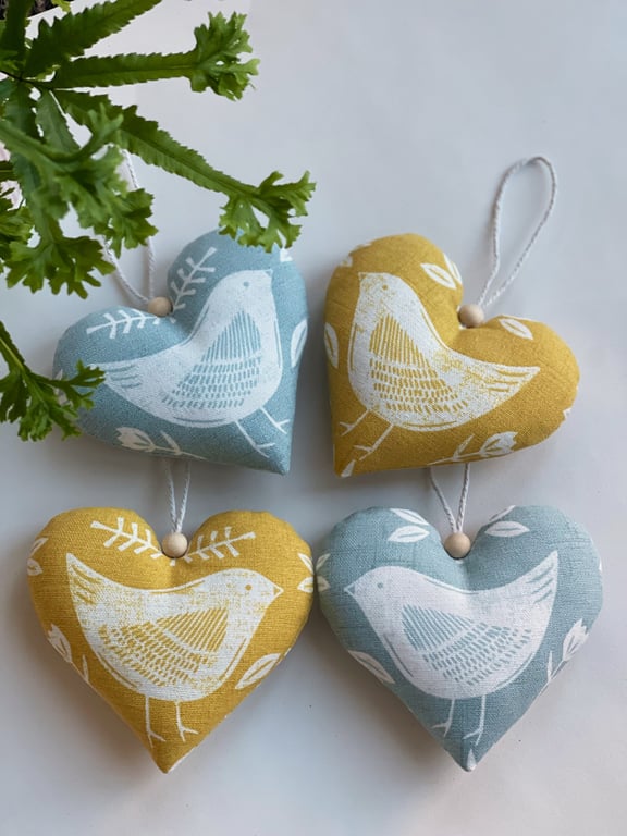 Set of 2 Duck Egg Mustard Bird Hanging Hearts Mothers Day Spring Scandi Decor