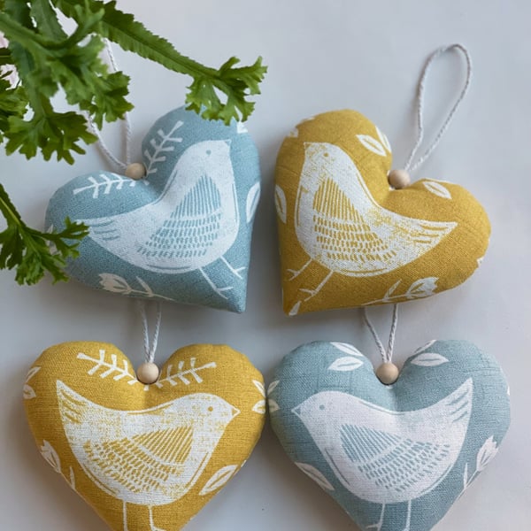 Set of 2 Duck Egg Mustard Bird Hanging Hearts Mothers Day Spring Scandi Decor