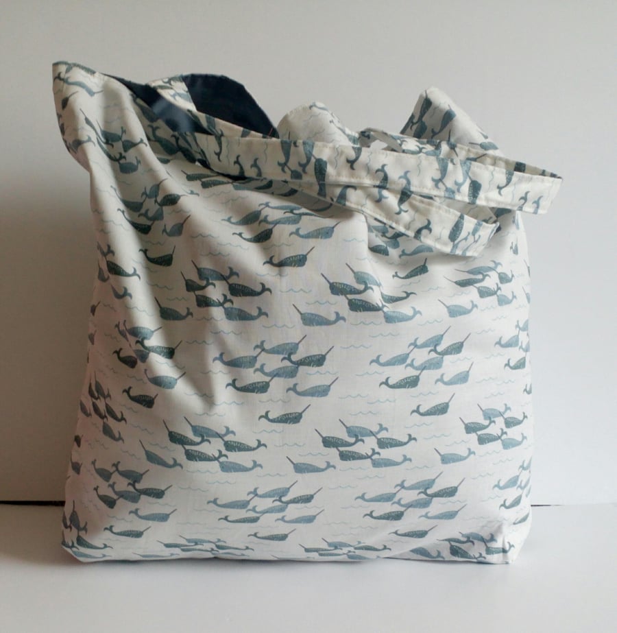Fabric shopping bag, cloth bag, cotton bag, narwhal design, tote, bag, shopper