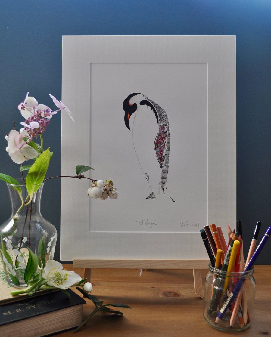 Floral Penguin 12 x 15'' mounted print
