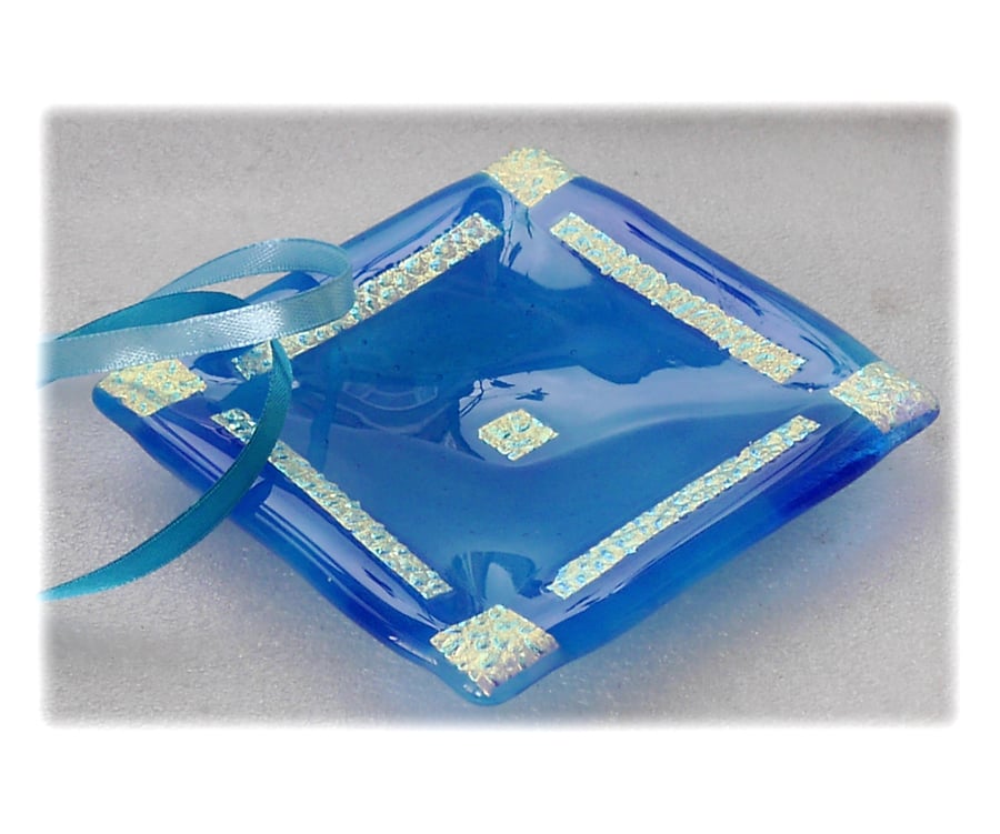 Aqua Dichroic Dish 11.5cm Gold Florentine Pattern Border Fused Glass Square 