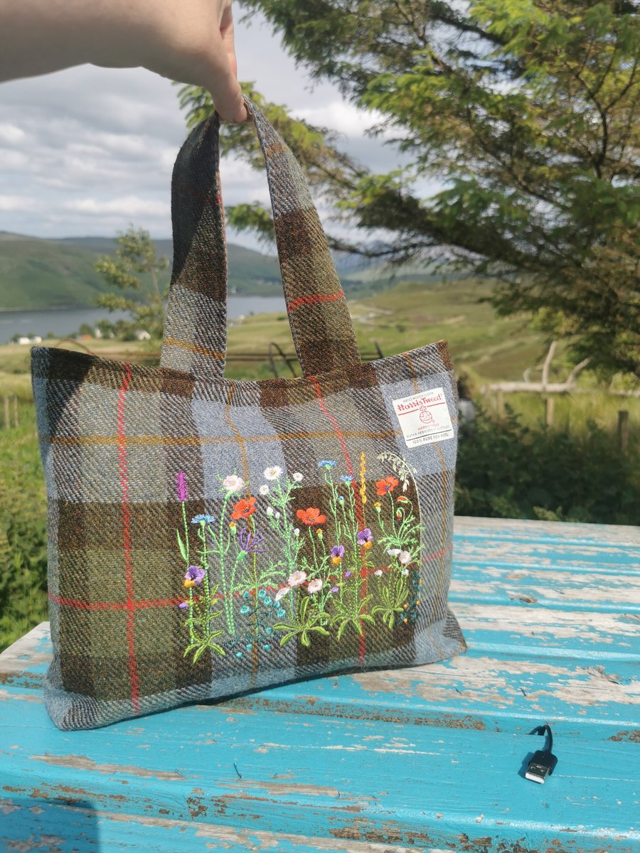 Harris Tweed Handbag Macleod Tartan woth Machair embroidery 