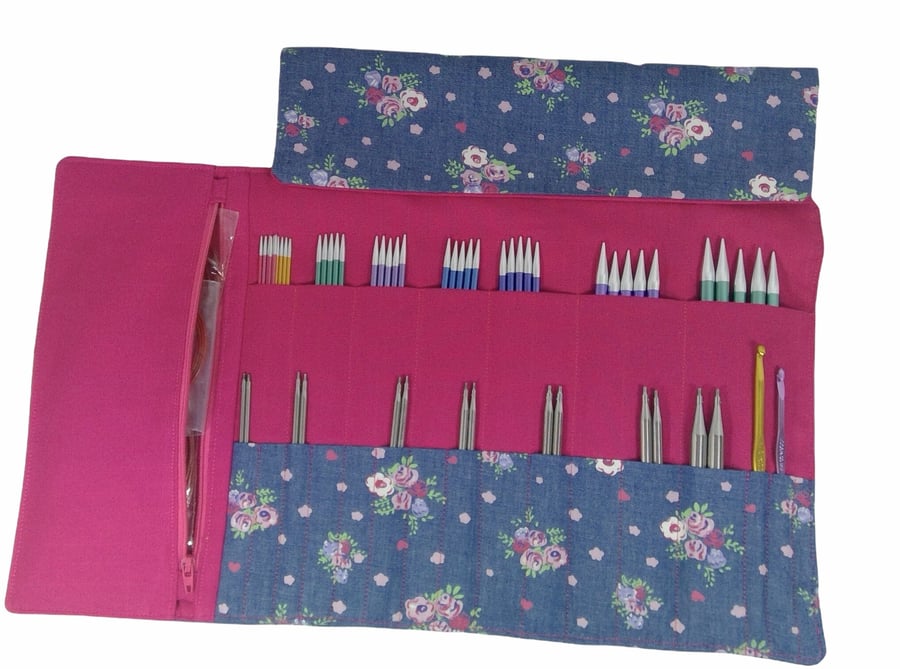 Floral interchangeable and double pointed needle case, knitting needle pouch, hi