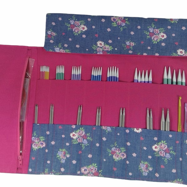 Floral interchangeable and double pointed needle case, knitting needle pouch, hi