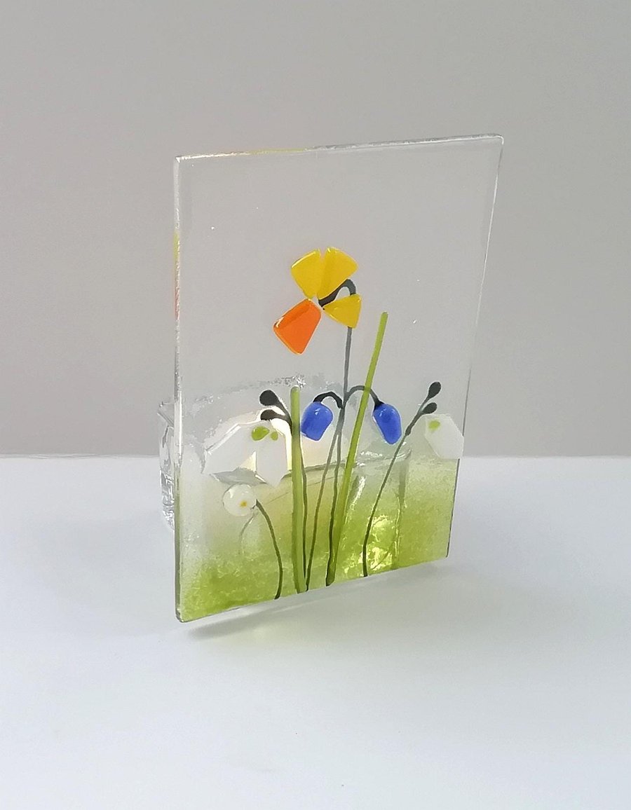 Spring tea light holder, fused glass floral candle holder, spring gift, Mother's