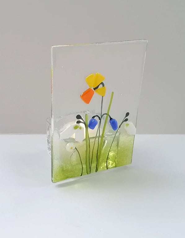 Spring tea light holder, fused glass floral candle holder, spring gift, Mother's