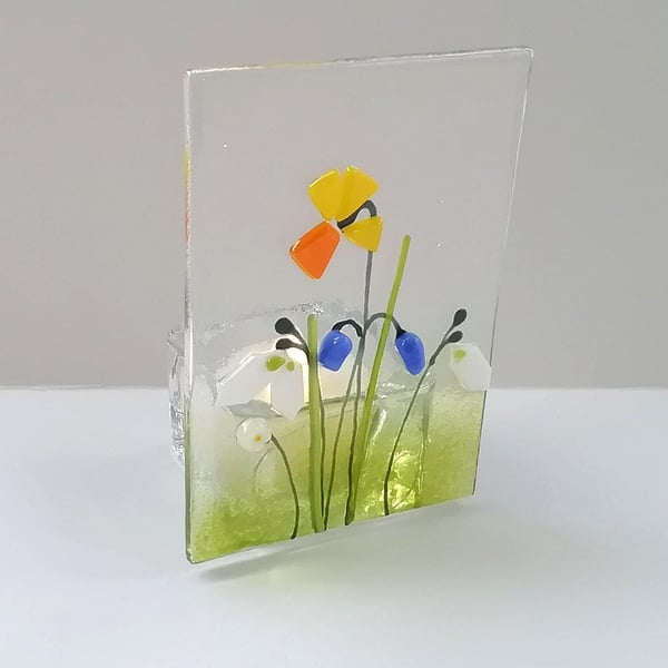 Spring tea light holder, fused glass floral candle holder, spring gift, Mother's