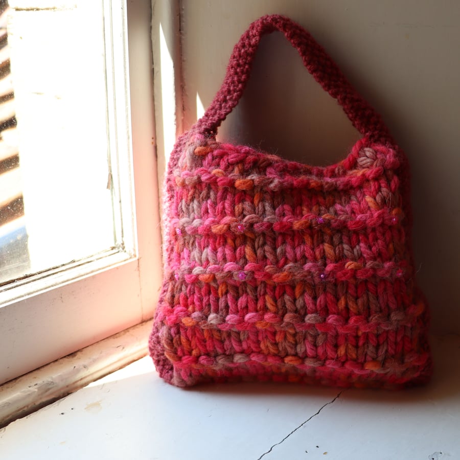 Firefly - super chunky hand knitted, lined tote bag in pink and red