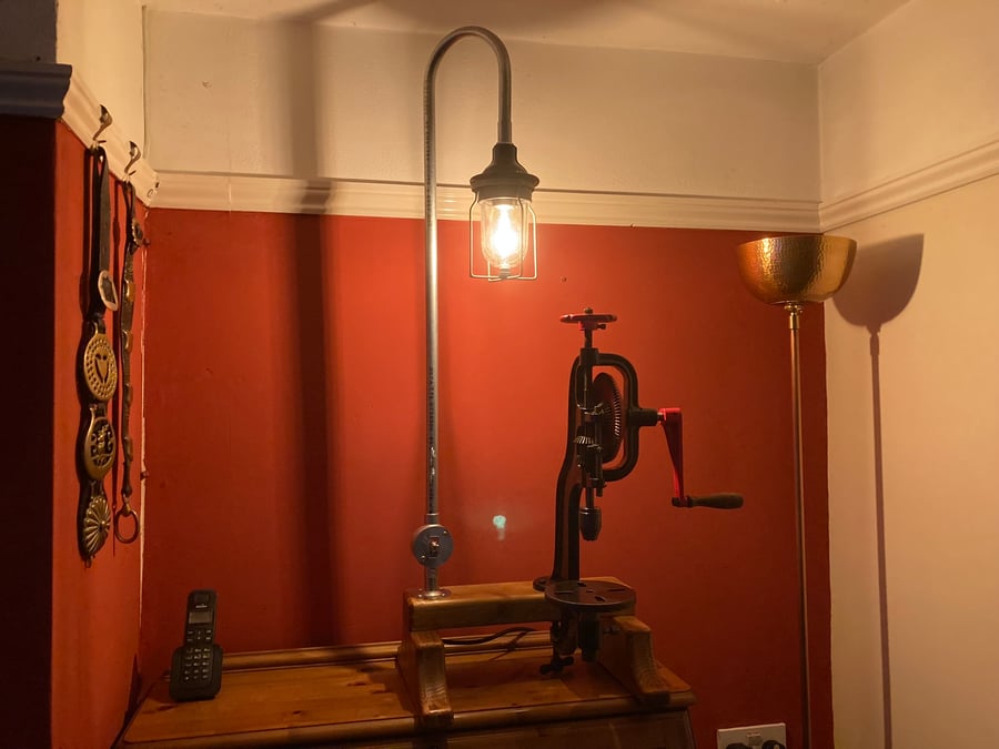 Industrial Feature Lamp with Antique Drill Press, Atmospheric Diorama Table Lamp
