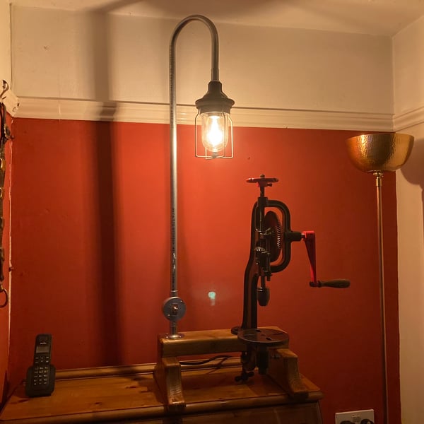 Industrial Feature Lamp with Antique Drill Press, Atmospheric Diorama Table Lamp