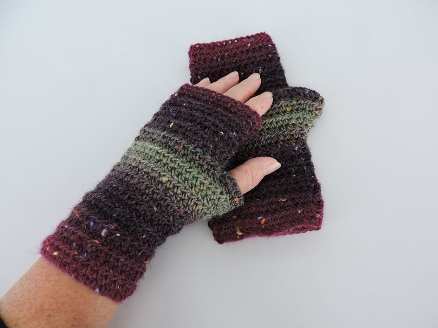 Fingerless Mitts Adults Crochet  Burgundy, Sage and Deep Purple 
