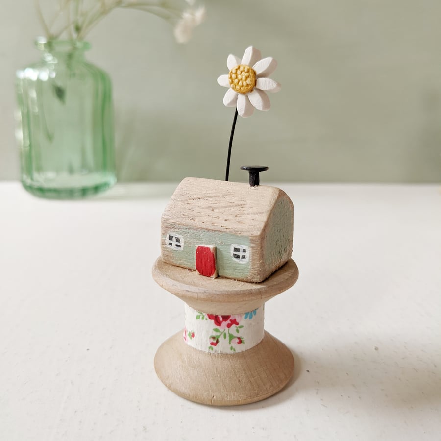 Wooden House on a Vintage Floral Bobbin with Clay Daisy