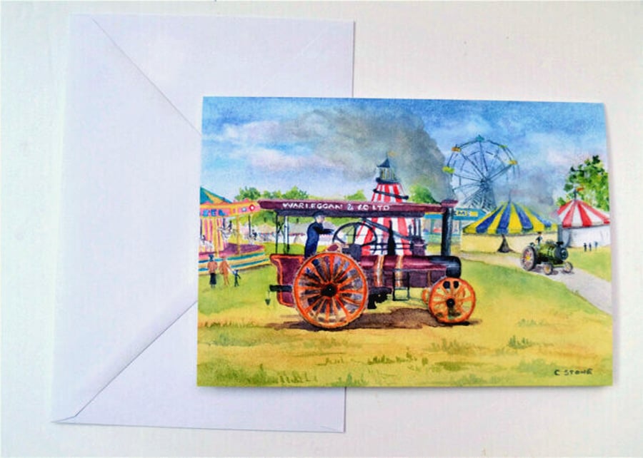 Blank greetings card, traction engines at country fair from original watercolour