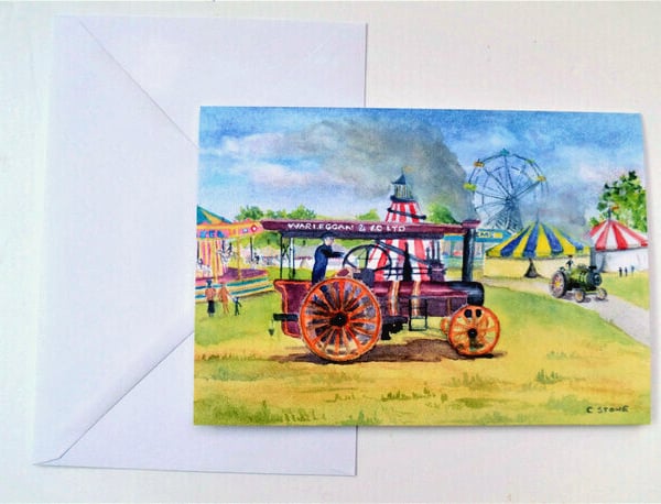 Blank greetings card, traction engines at country fair from original watercolour